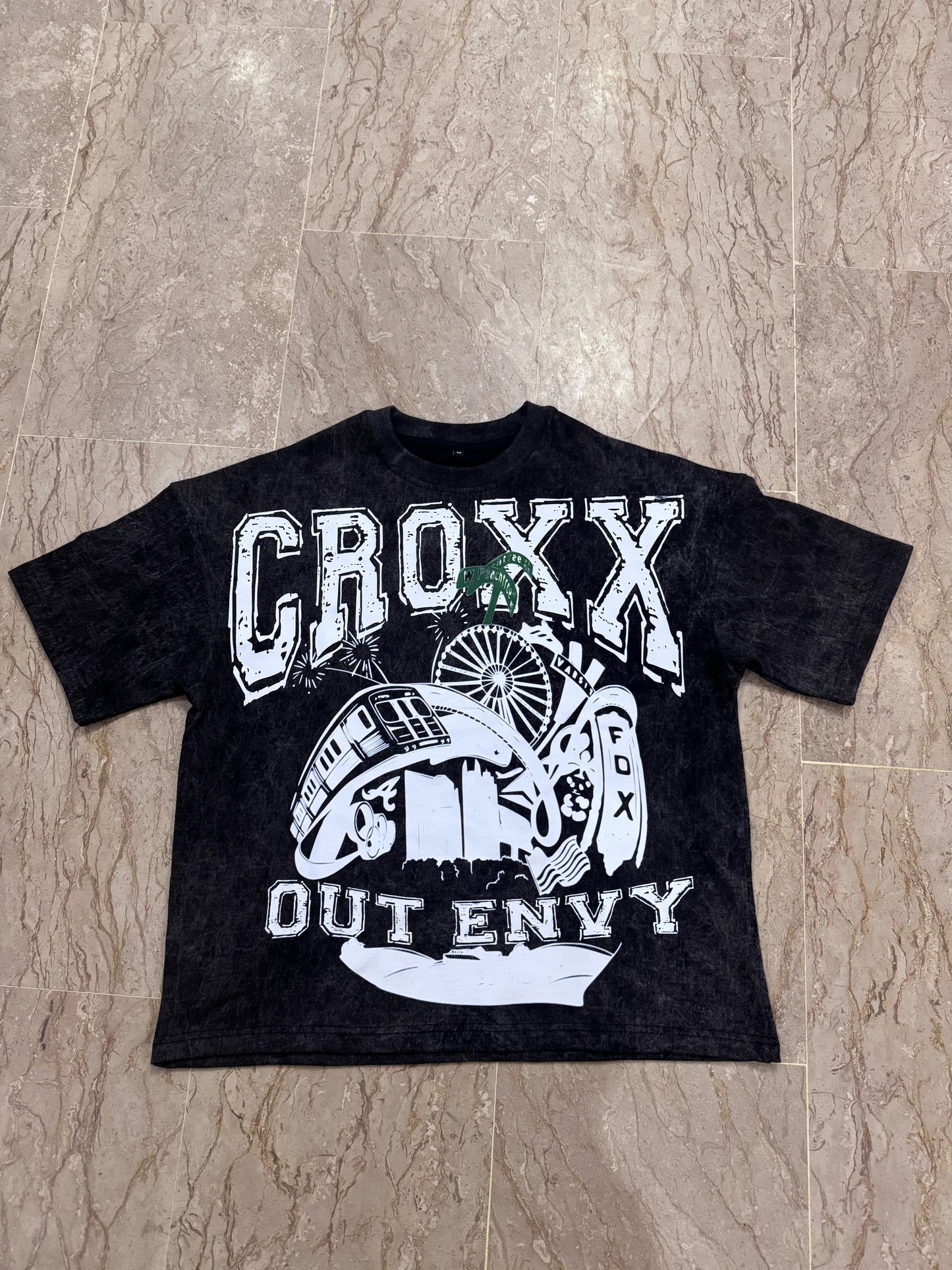 “ city of fashion tee” black acid wash